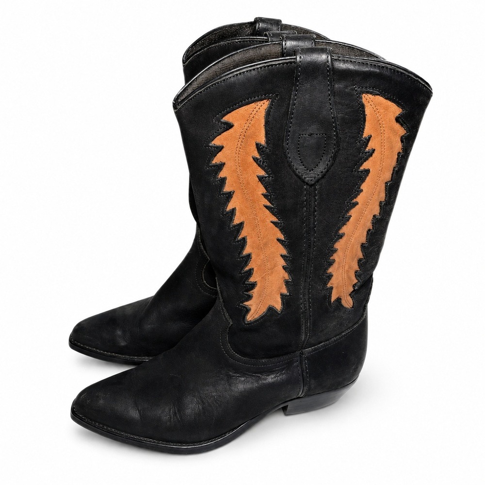 Dingo Cowboy Boots Women 7M Black Leather Flame Overlay Western Pointed Toe Boho